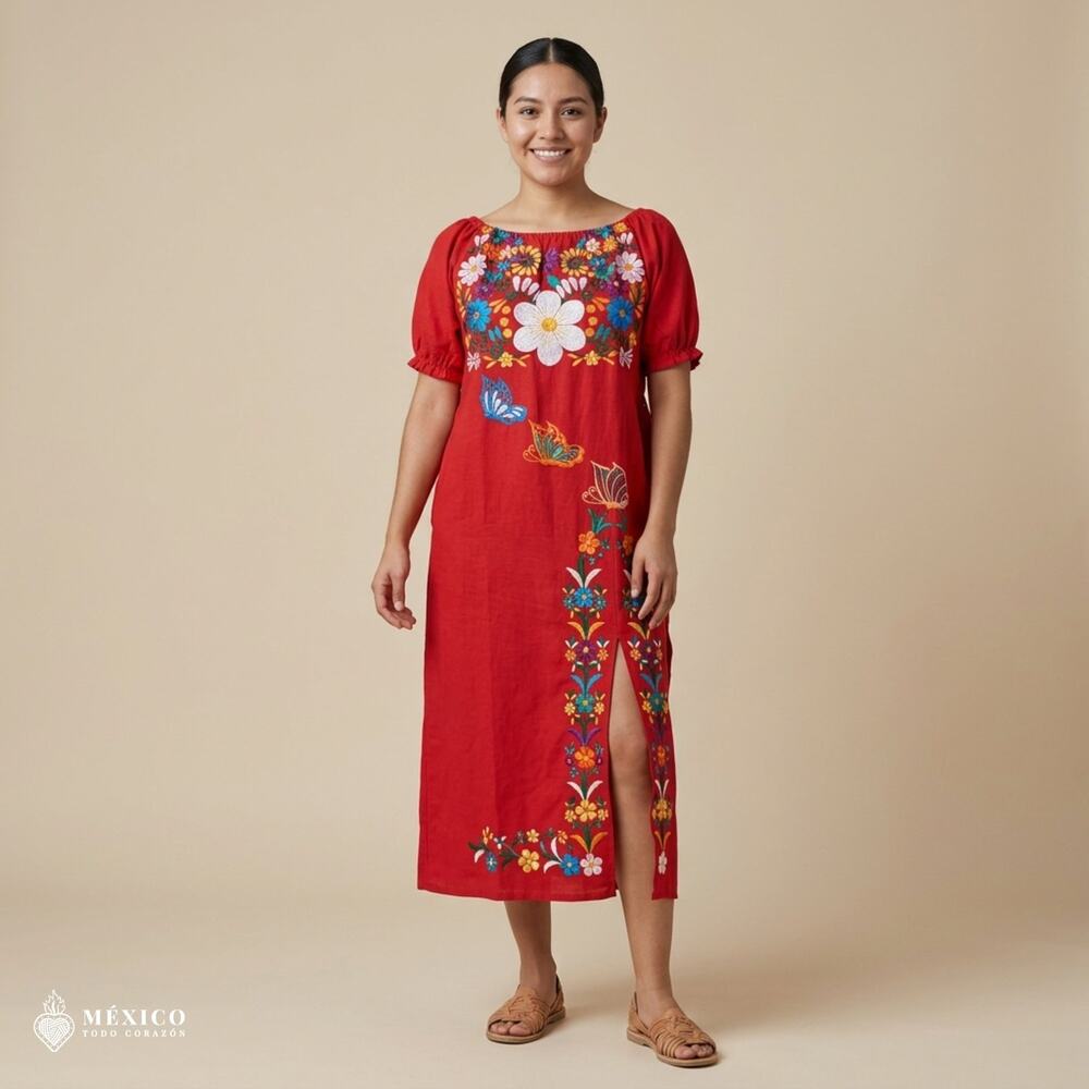 Mexican Embroidered Manta Maxi Dress – Handmade Cotton Floral Artisan Gown